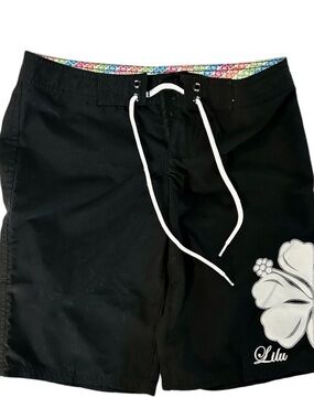 Lilu Black and White Hibiscus Swim Shorts
